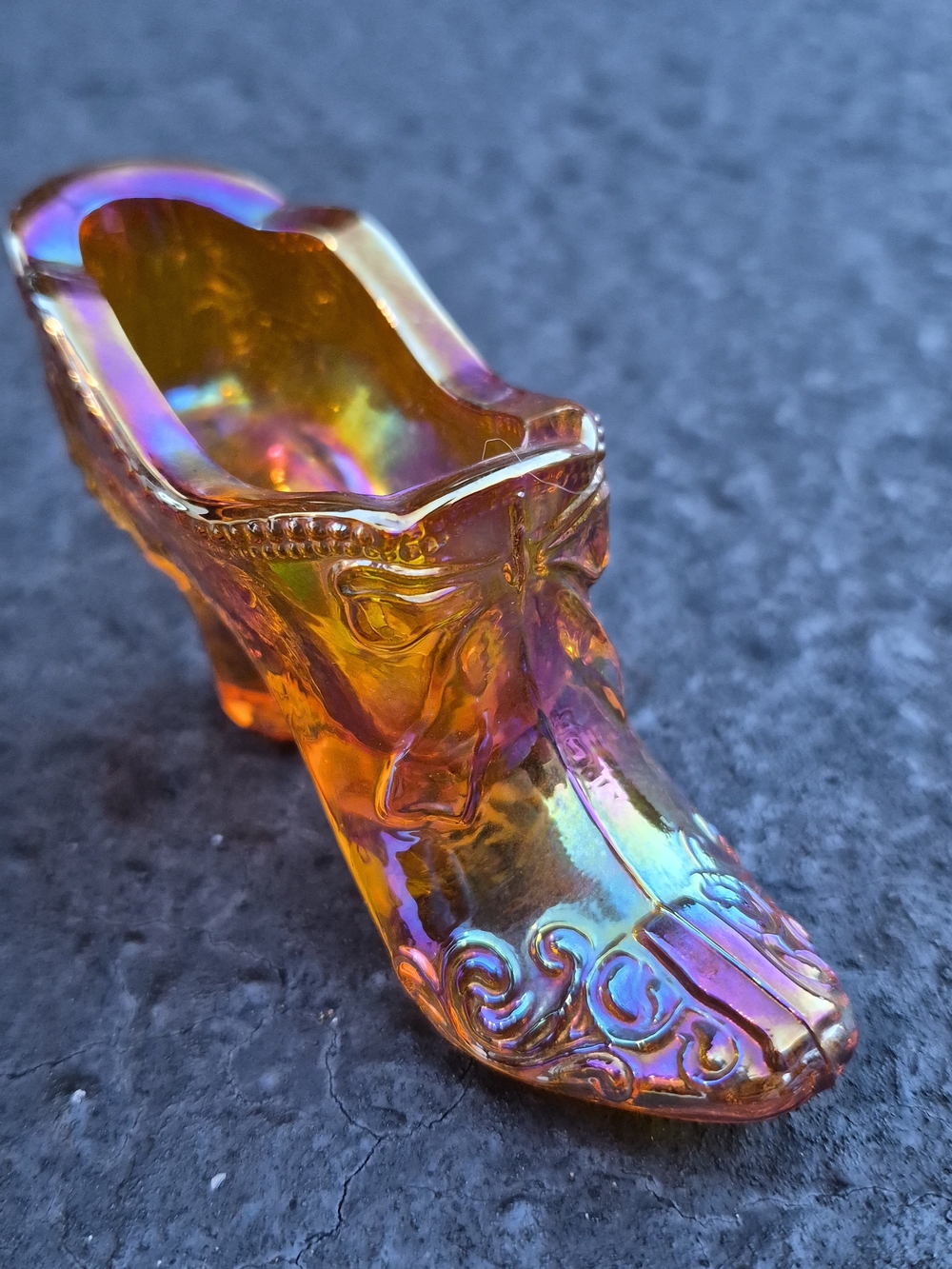 Fenton Iridescent Orange Glass Slipper Decorative Shoe
